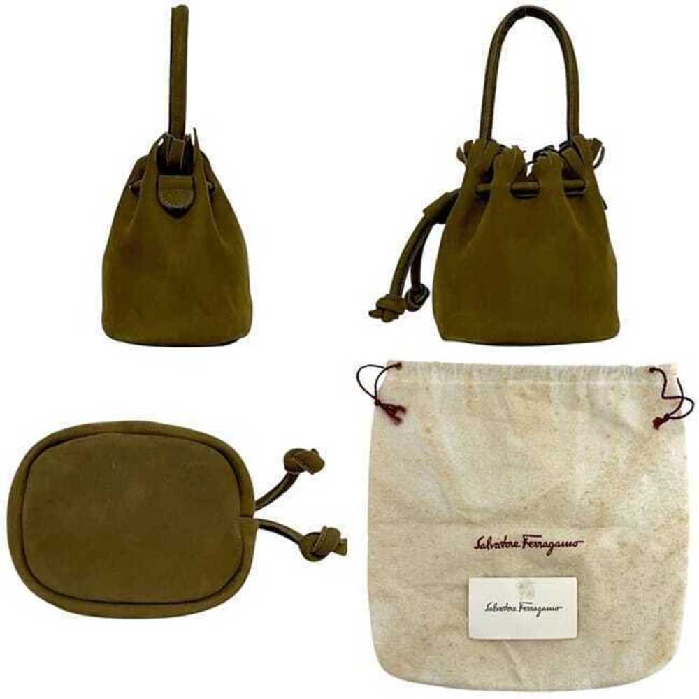 Salvatore Ferragamo Dark Bag Leather Handbag Drawstring Suede Khaki Green